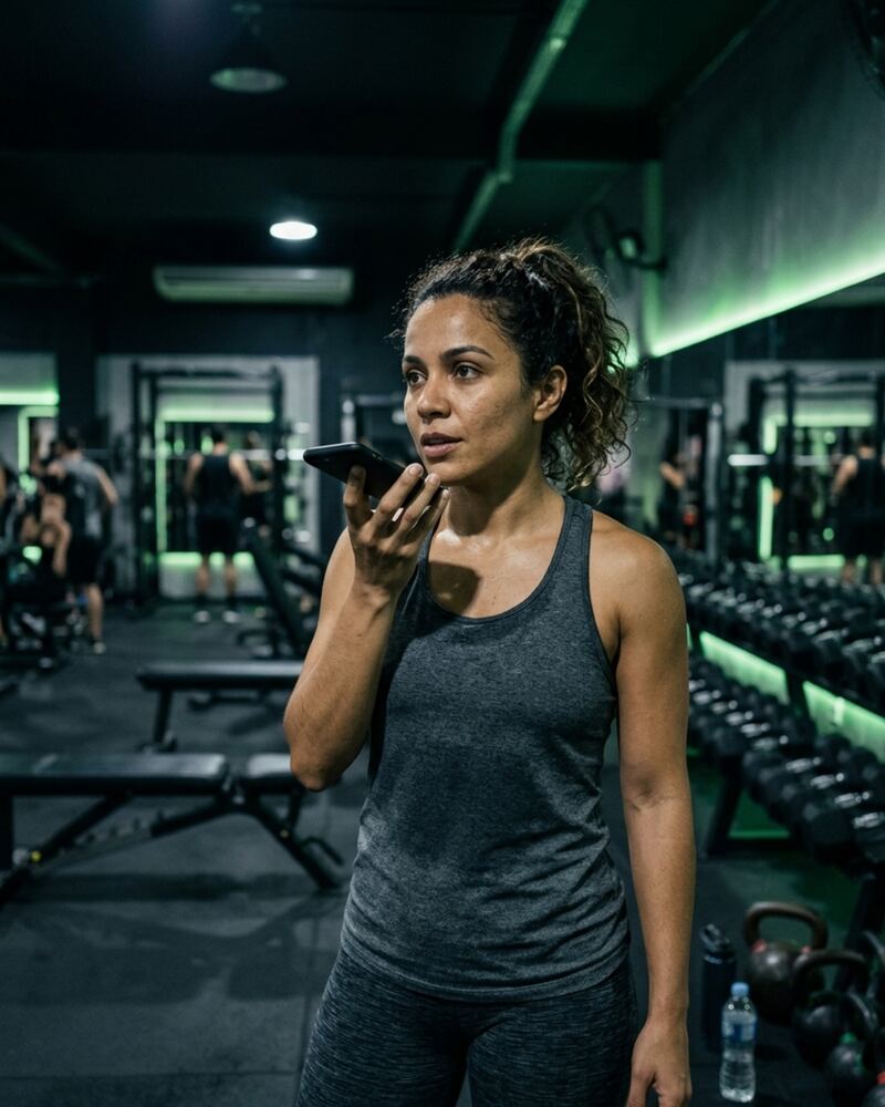 Mulher gravando áudio do treino no celular na academia
